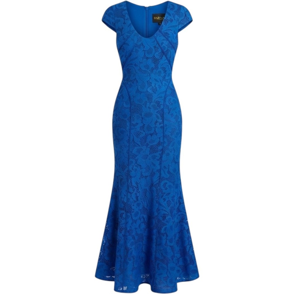 Bariano Royal Blue Lace Maxi Prom Formal Gown Cap Sleeve V-Neck Size 2 B10D12